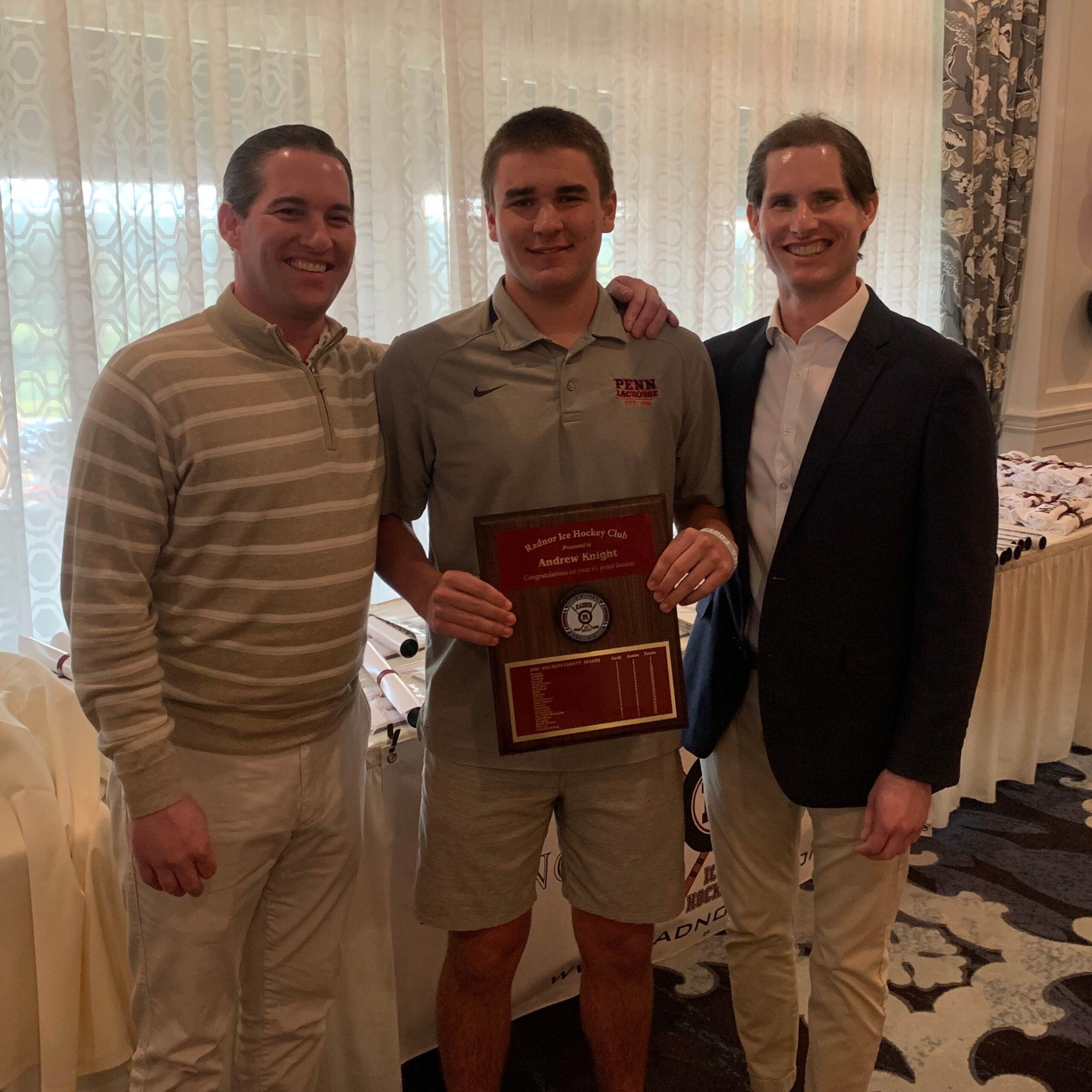 Chris and John Brennan joined us at the RIHC End of the Year banquet to present Drew Knight a plaque to commemorate Drew’s accomplishment of scoring 91 points this season and his selection as All-Delco Player of the Year.